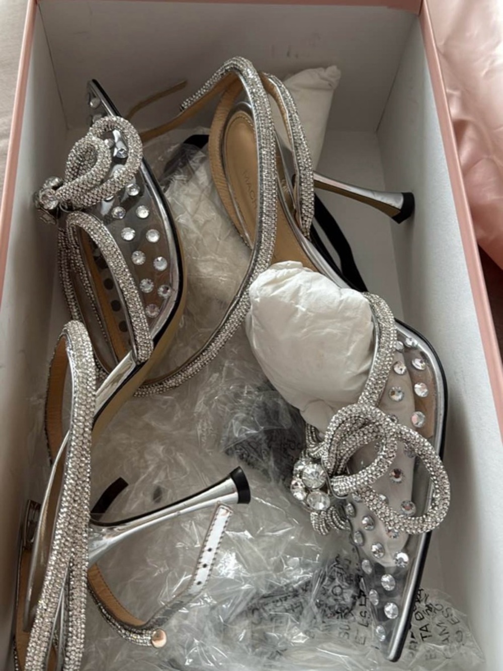 MACH & MACH Silver Crystal Embellished Stiletto Sandals